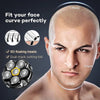 Close-up of a man's face demonstrating the fit of magnetic replacement shaving heads for electric shavers.