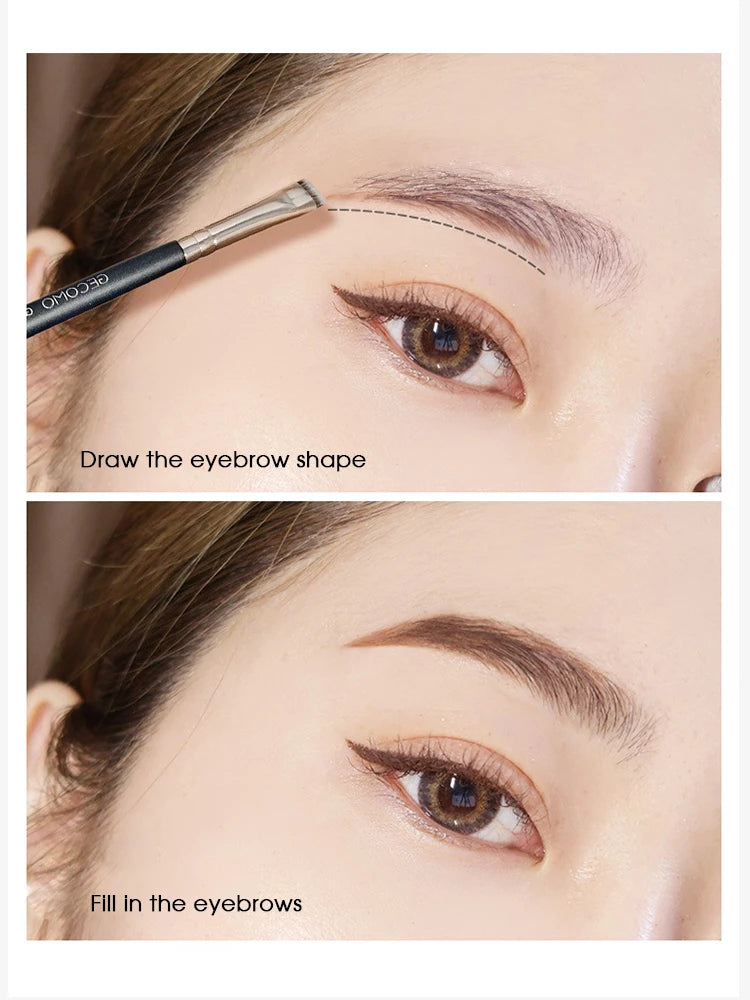 Demonstration of drawing and filling in eyebrows using a precision makeup brush set for eyes and brows