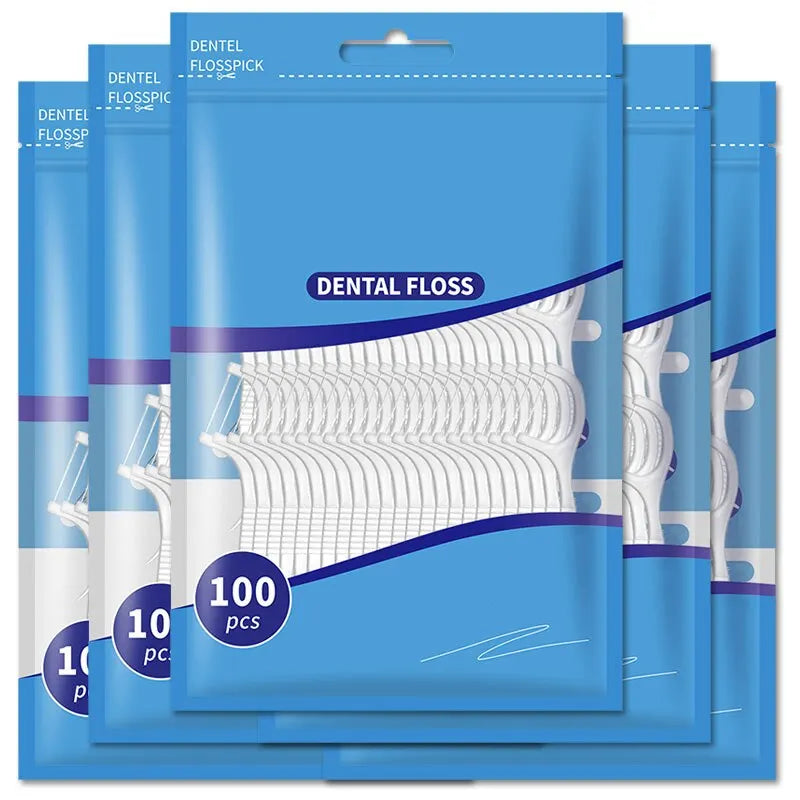 Pack of dental floss in a blue plastic pouch with white floss and toothpicks visible.