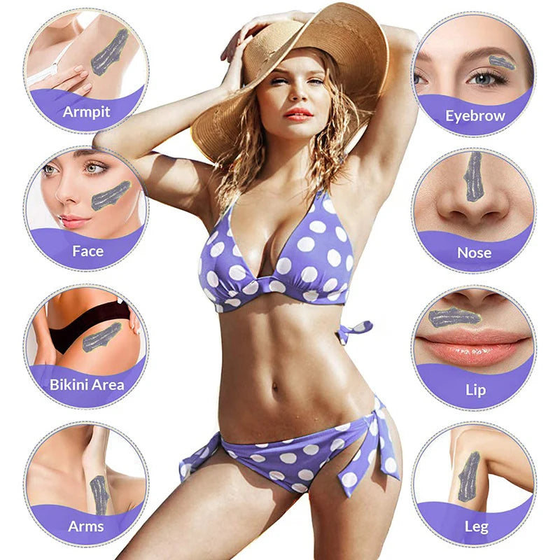 Diagram showing various body parts where Brazilian hard waxing beans can be used for hair removal.