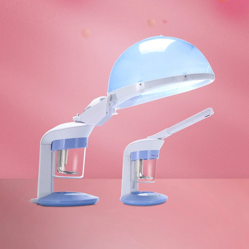 A white facial and hair steamer with a light blue dome head is shown against a pink background.