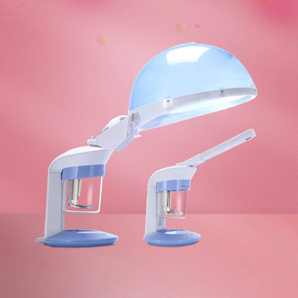A white facial and hair steamer with a light blue dome head is shown against a pink background.