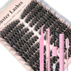 A collection of black false lashes and lash extensions displayed on a packaging card.