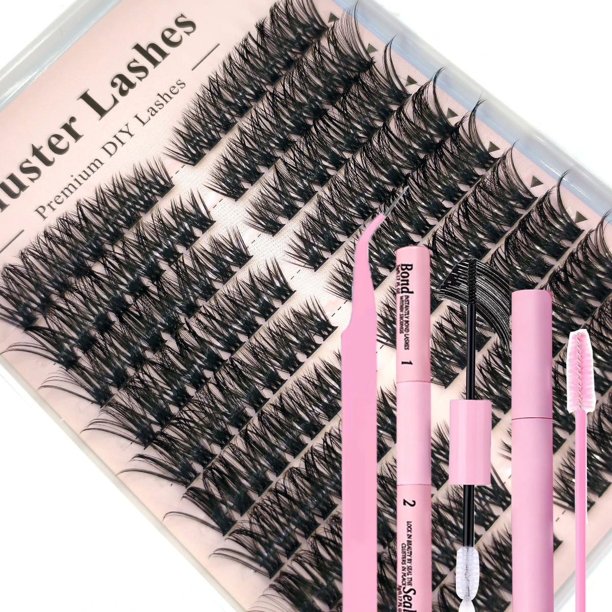 A collection of black false lashes and lash extensions displayed on a packaging card.