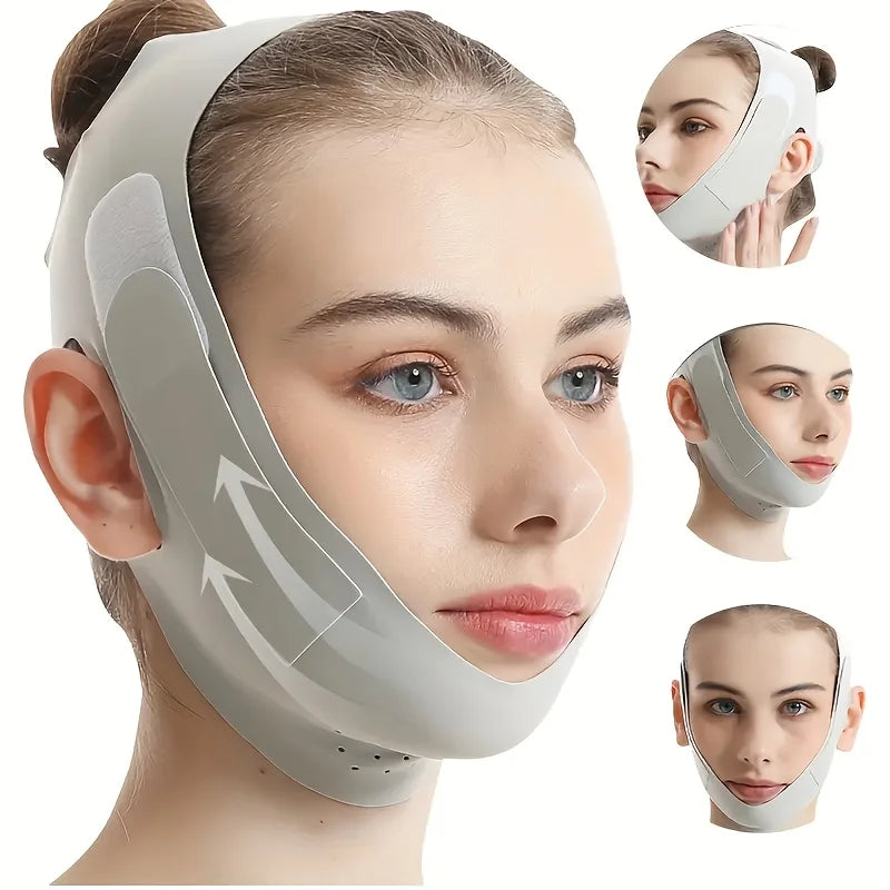 A woman wearing a gray graphene fiber face lift band for jawline definition, shown in various angles.