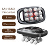 A black 12-head fascia gun massage device with multiple modes and a detachable battery pack.