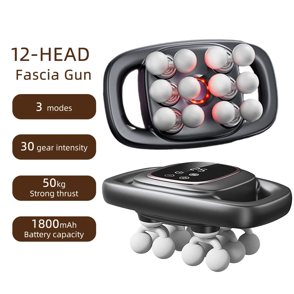 A black 12-head fascia gun massage device with multiple modes and a detachable battery pack.