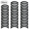 Un juego de 50 almohadillas reutilizables para curvar pestañas de goma negra, dispuestas en filas.