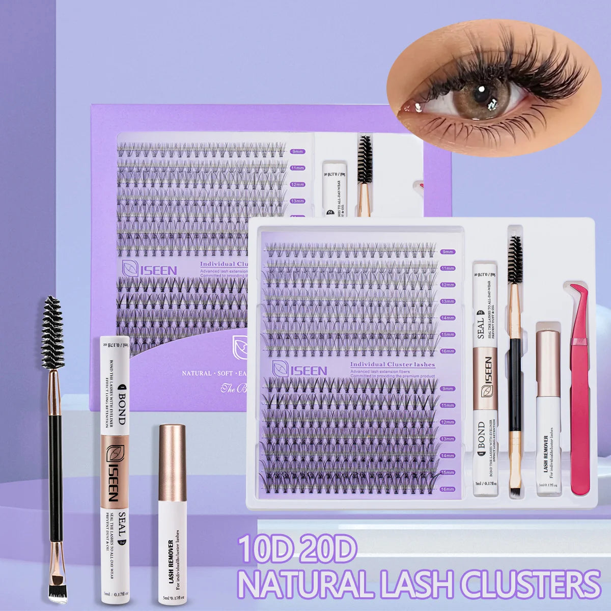 A kit for DIY Soft Volume Eyelash Cluster Extension featuring individual lash clusters and related tools.