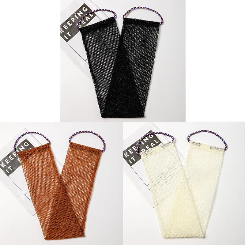 Three exfoliating African net body scrub sponges in brown, black, and cream colors displayed on white paper.