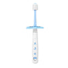 A light blue and white 360 degree soft baby toothbrush for toddlers with a handle.