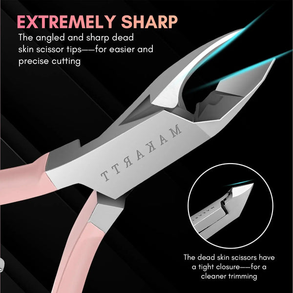 A pair of professional stainless steel cuticle nippers with pink handles, showing the sharp tips for precise cutting.