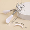 A professional stainless steel eyelash curler set with white handles and various sized curlers shown on a light background.