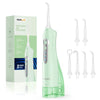 A light green portable oral care flosser with multiple tips and accessories displayed next to its packaging.