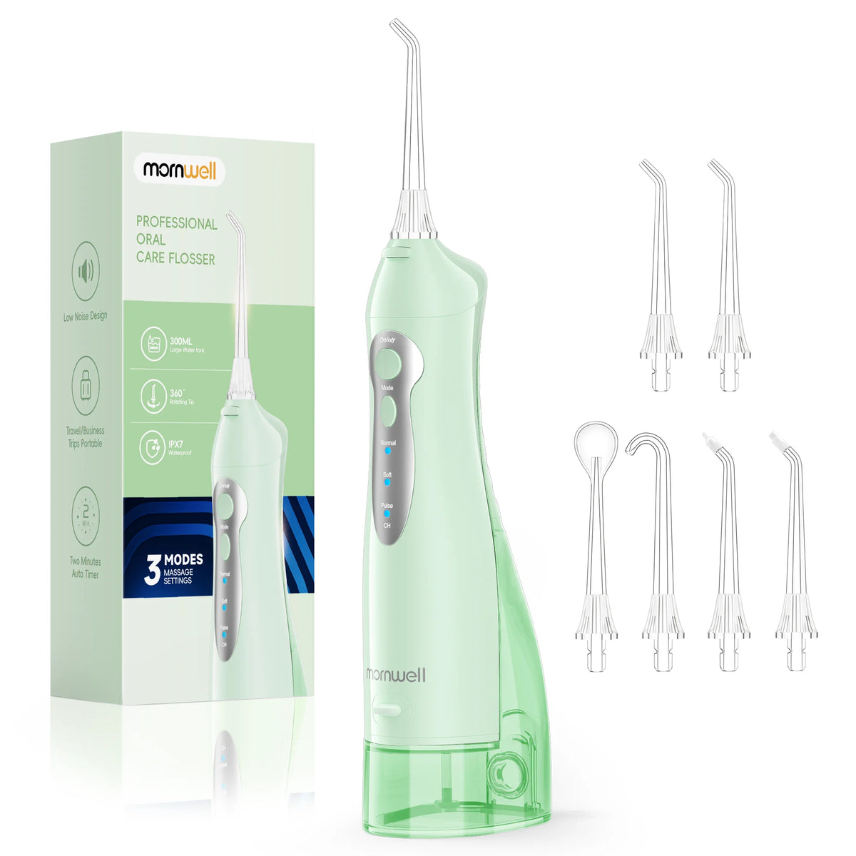 A light green portable oral care flosser with multiple tips and accessories displayed next to its packaging.