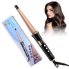 A professional ceramic curling iron in gold and black is shown next to a model with long brown hair.