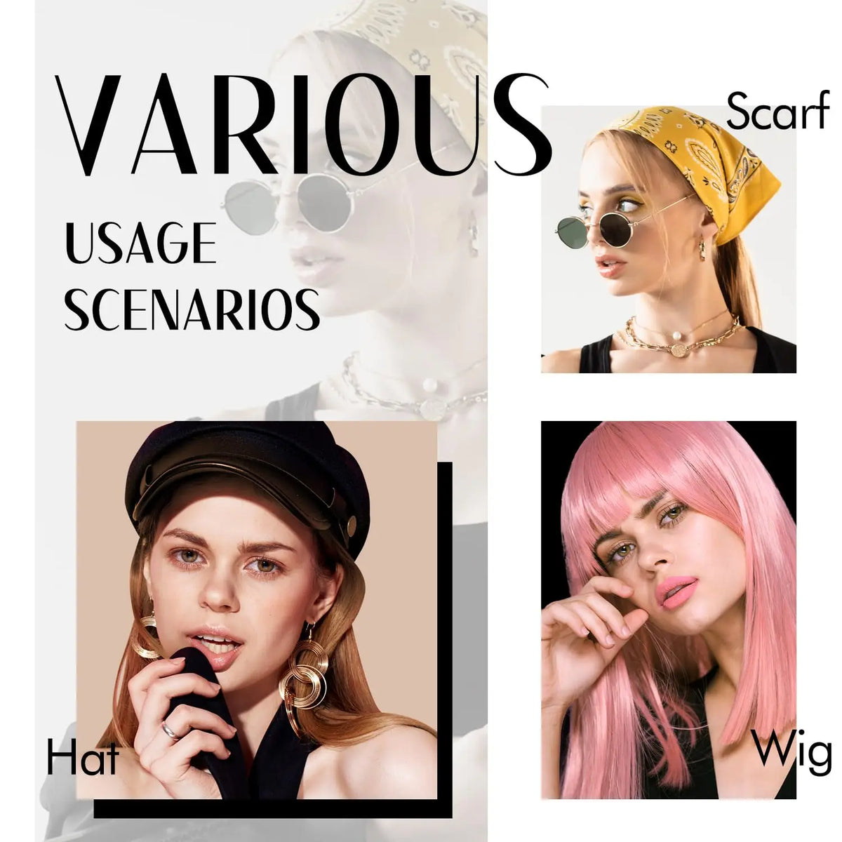 Collage montrant divers usages d'un foulard, d'un chapeau et d'une perruque.