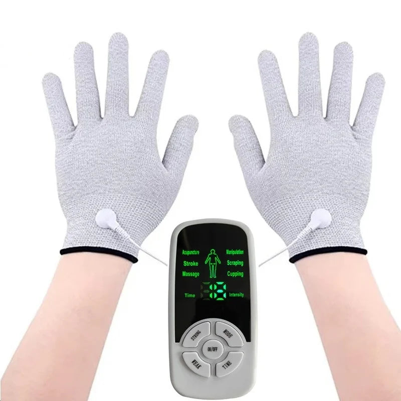 A gray electric meridian muscle massager hand device shown on a person's wrist.