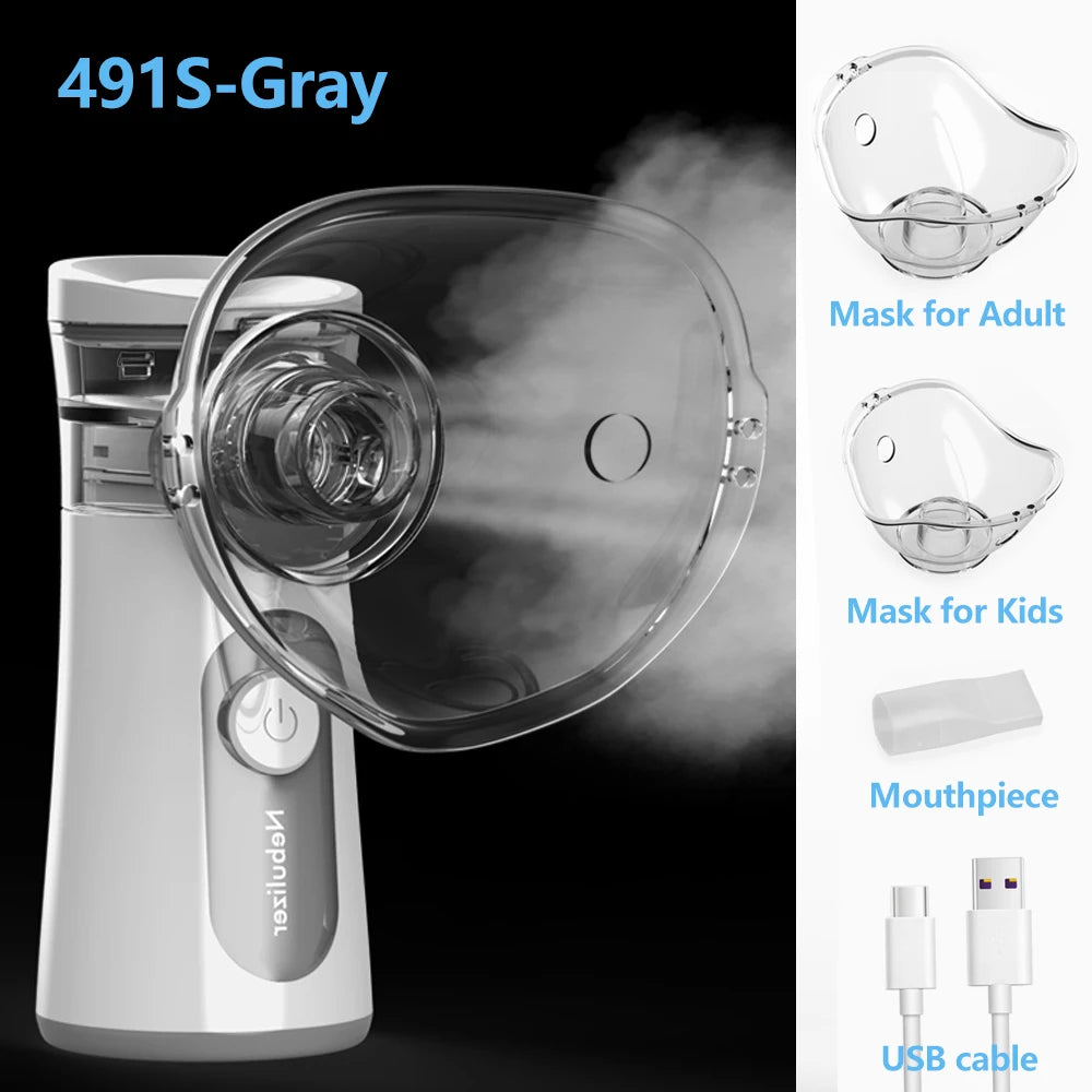 A white handheld nebulizer with a clear mask and mouthpiece shown next to separate adult and kid masks and an USB cable.