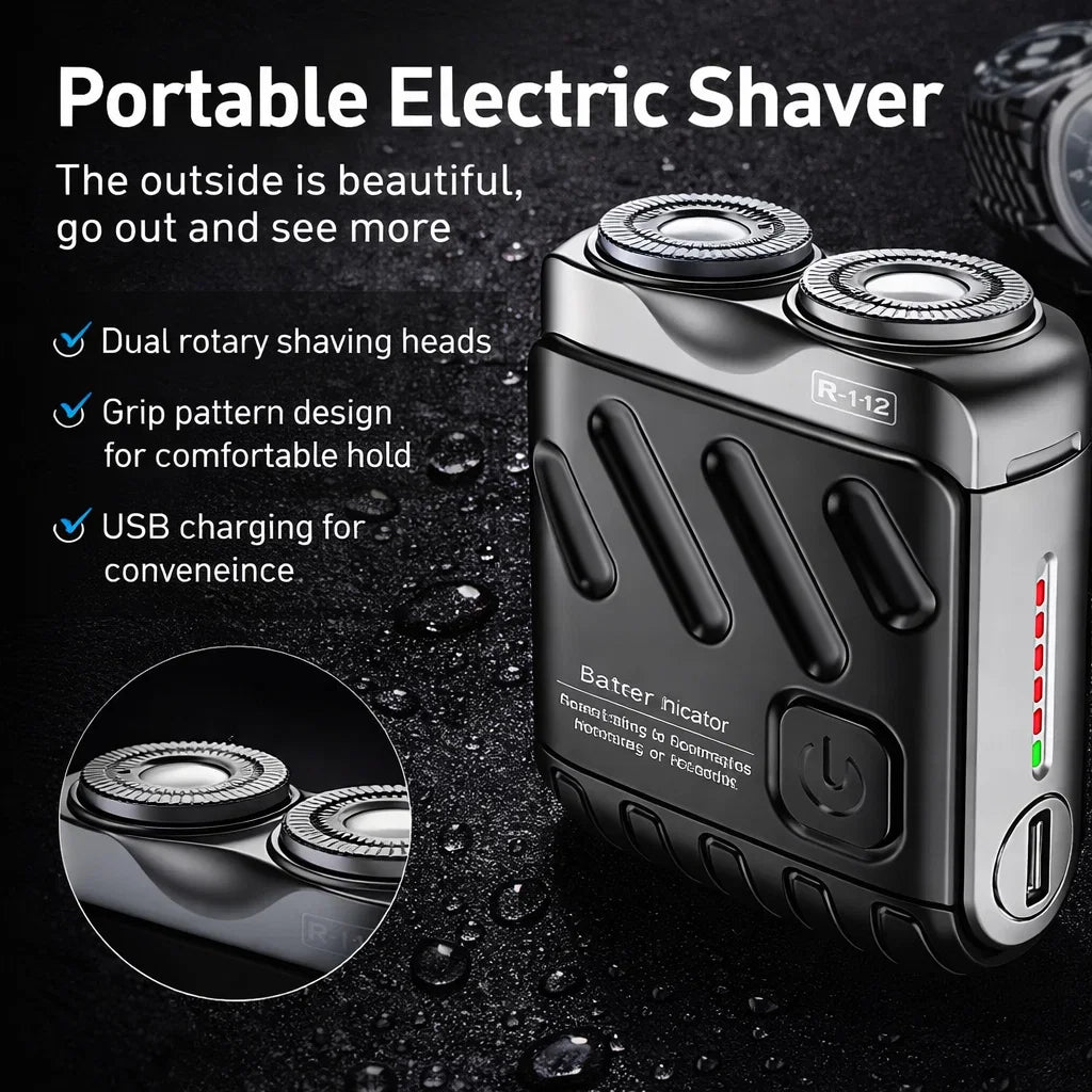 A portable electric shaver in black with dual rotary shaving heads and USB charging port shown on a dark surface.