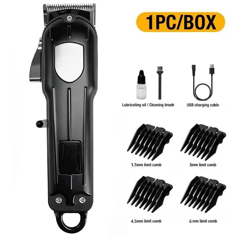 Black professional electric hair clipper with various limit combs and USB charging cable