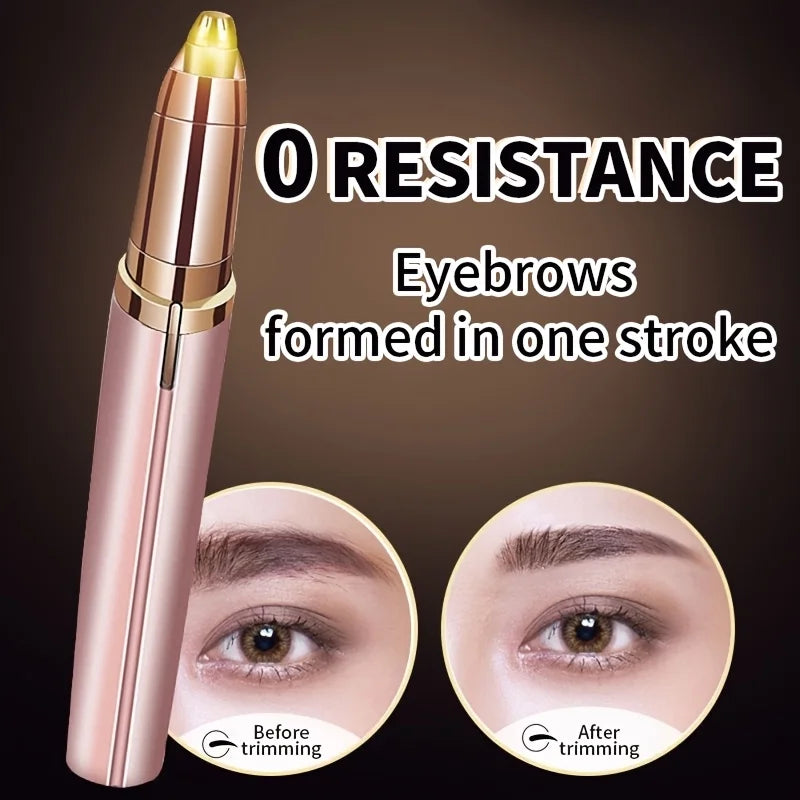 A pink electric eyebrow trimmer shows before and after results for forming eyebrows in one stroke.
