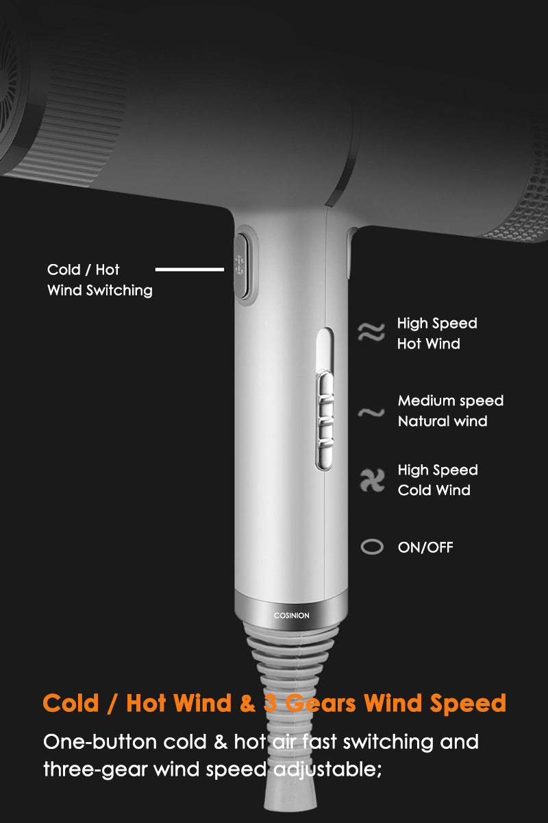 A close-up view of a silver professional infrared blow dryer showing various hot and cold wind switching options.