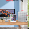A desktop panel lamp is shown next to a computer monitor and an iPad on a wooden desk.