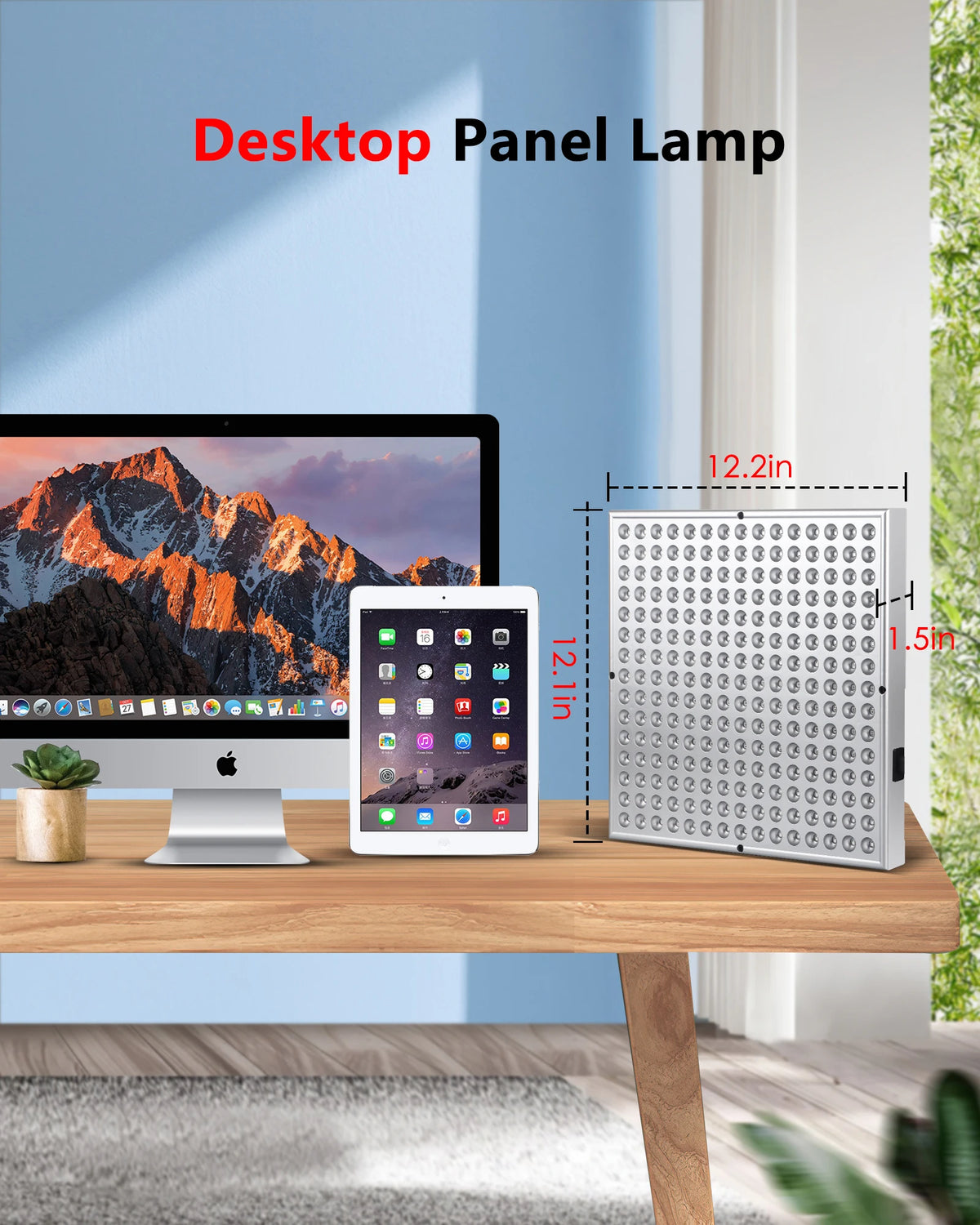 A desktop panel lamp is shown next to a computer monitor and an iPad on a wooden desk.