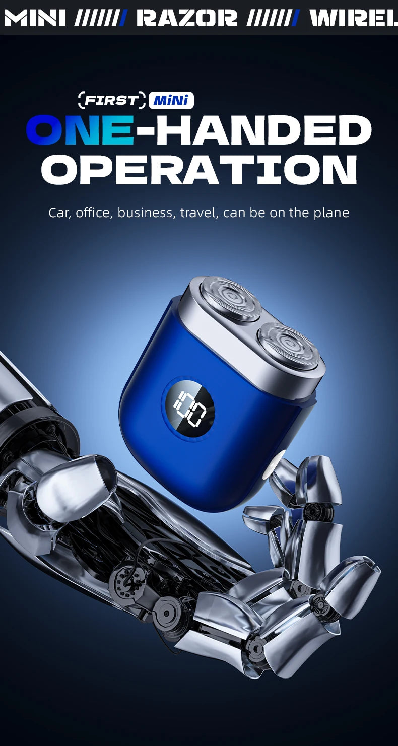A close-up of a silver electric beard shaver with a blue head, demonstrating a one-handed operation.