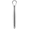 A silver stainless steel tongue scraper with a loop handle for oral hygiene.
