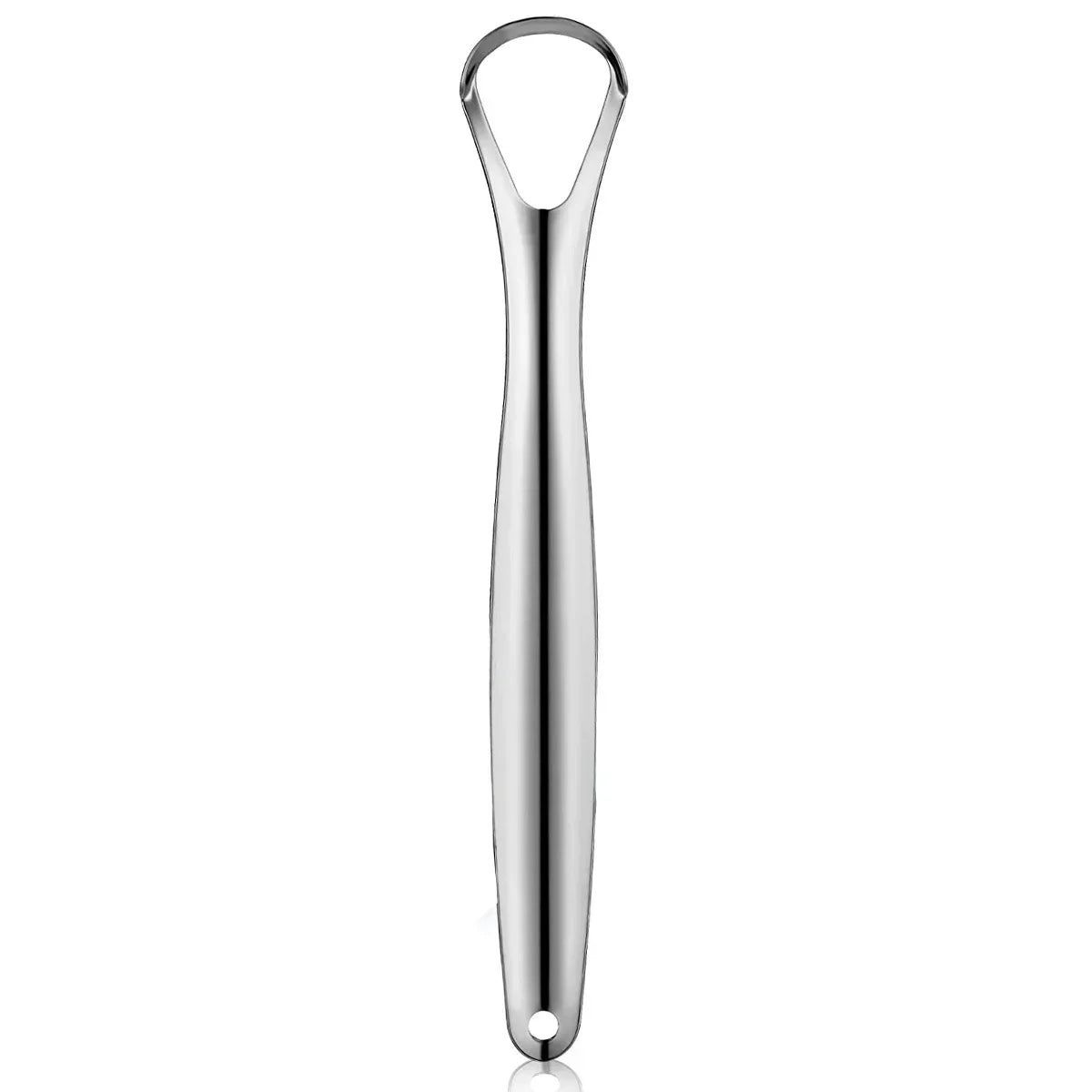 A silver stainless steel tongue scraper with a loop handle for oral hygiene.