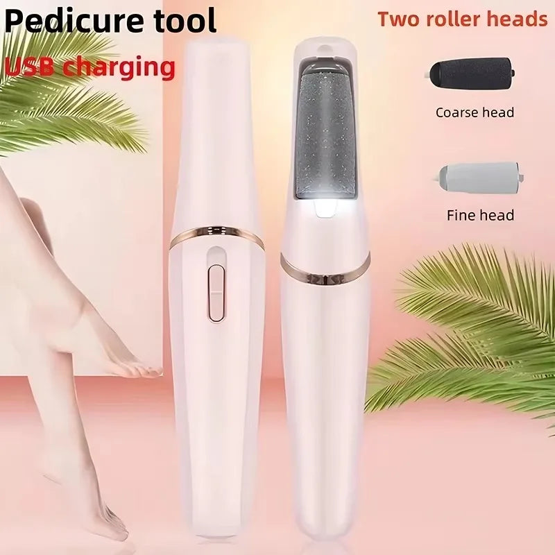 Two roller head pedicure tool with USB charging cable shown next to a foot.