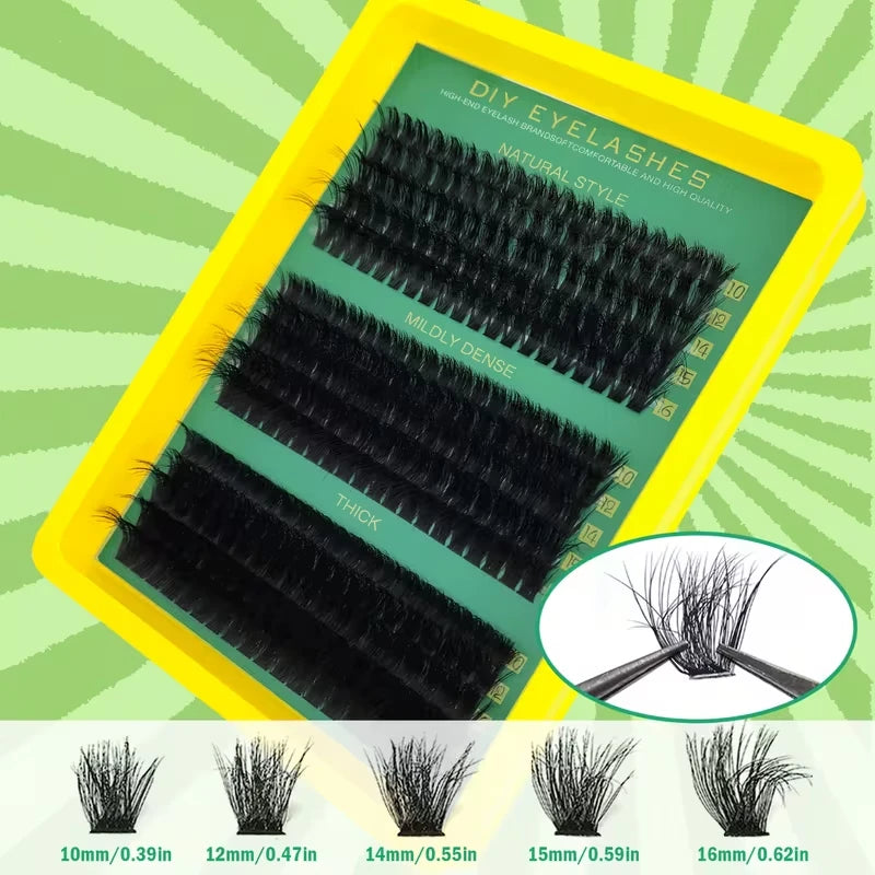 A yellow packaging box displays various DIY eyelashes in different lengths, including 10mm to 16mm.