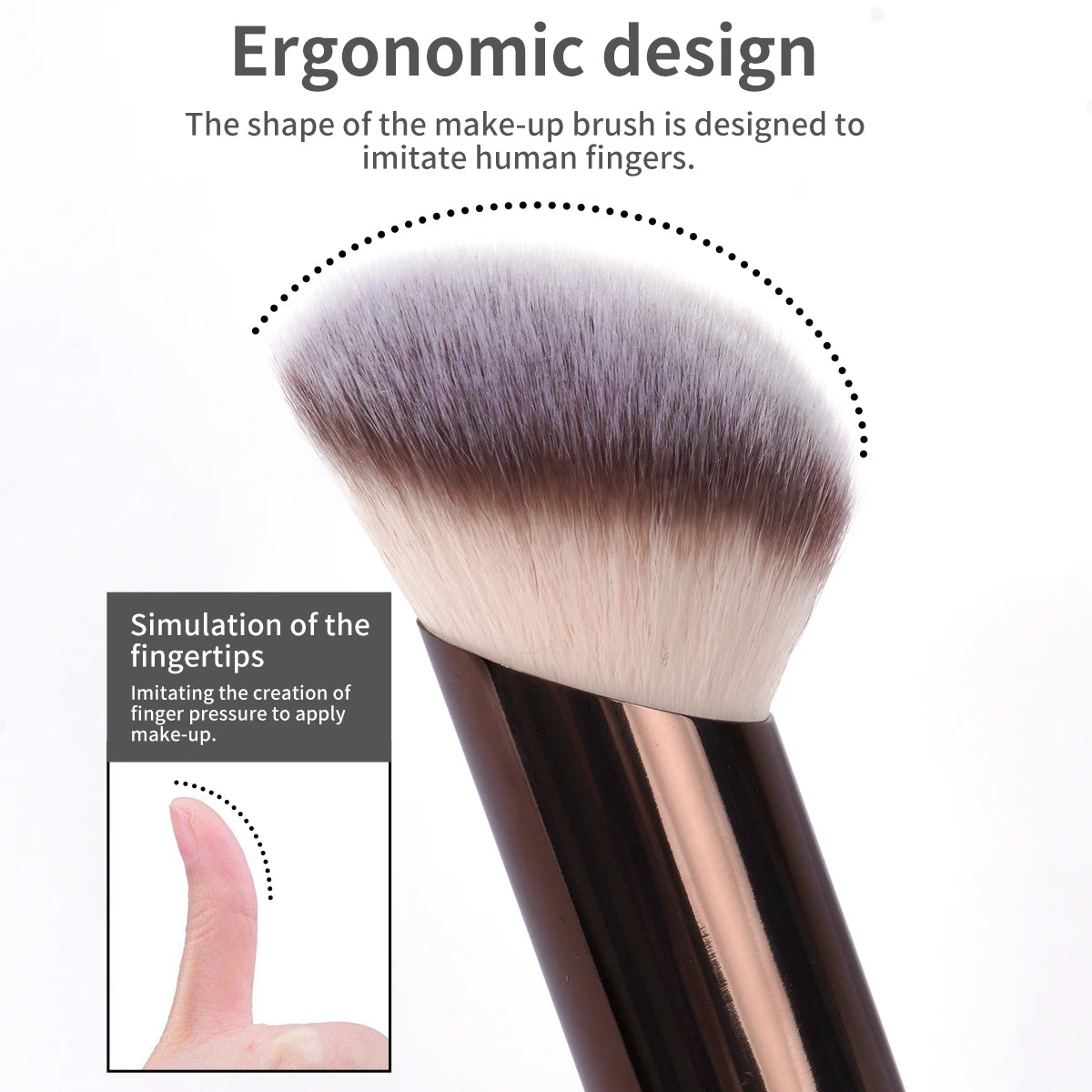 Close-up of an ergonomic makeup brush demonstrating the shape designed to imitate human fingertips.