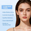 A close-up of a woman's face showing clean skin, with text listing benefits for acne and oil control.