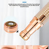 A close-up of a rose gold hair removal device showing its tip and various facial areas like eyebrows, chin, and sideburns.