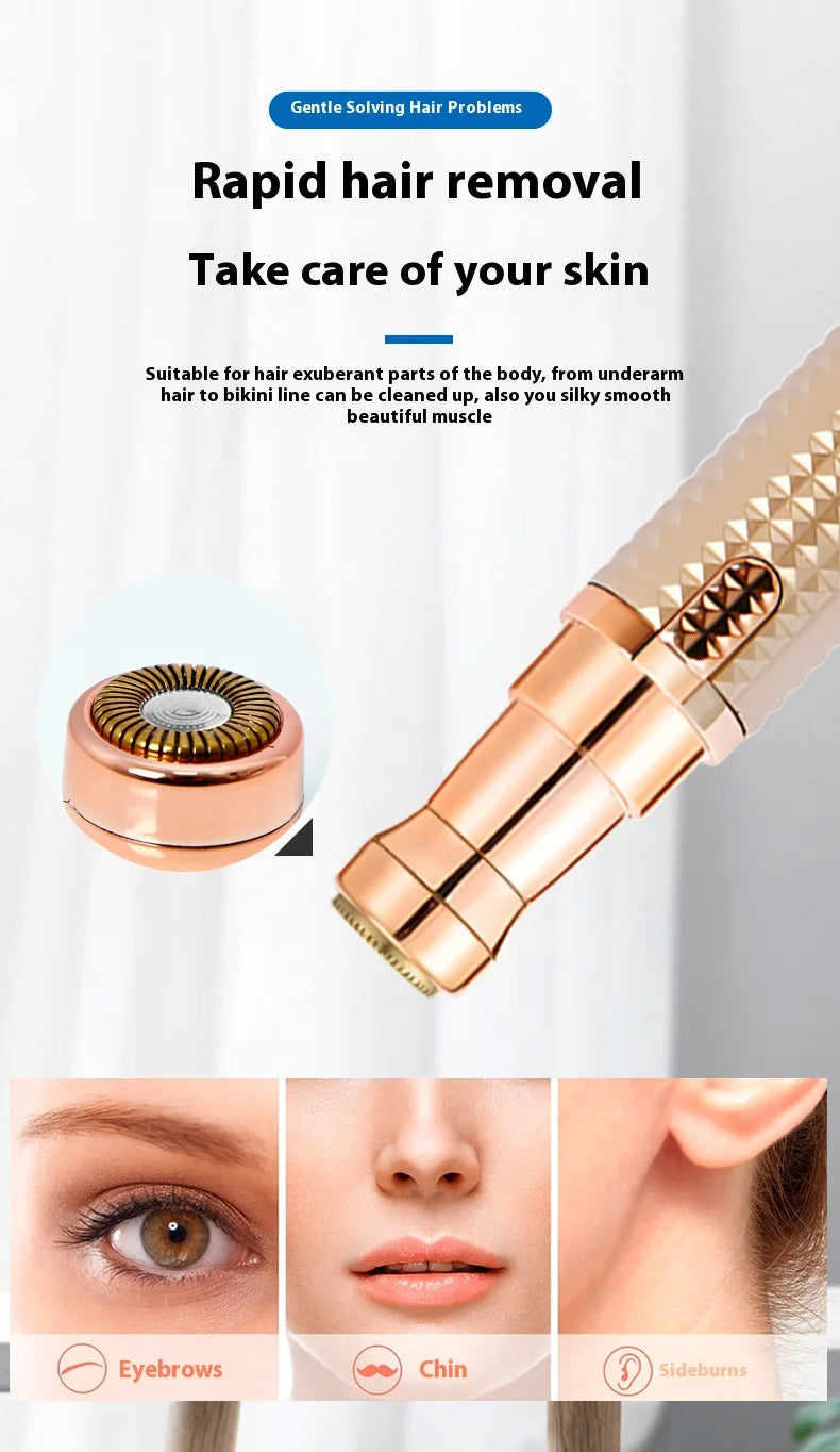 A close-up of a rose gold hair removal device showing its tip and various facial areas like eyebrows, chin, and sideburns.