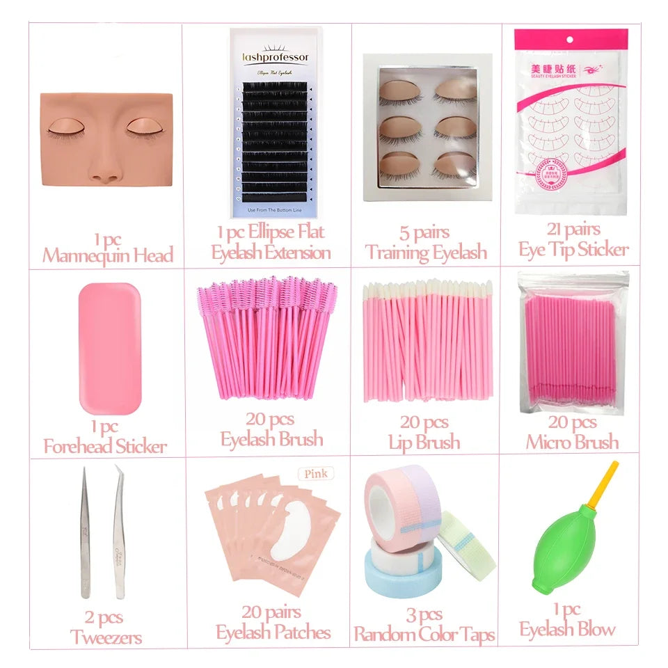 A set of silicone eyelash extension practice tools including a mannequin head, brushes, patches, tweezers, and eyelash blow.