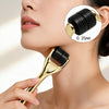 A close-up of a gold titanium micro derma roller tool being held near a woman's neck, showing the roller head detail.
