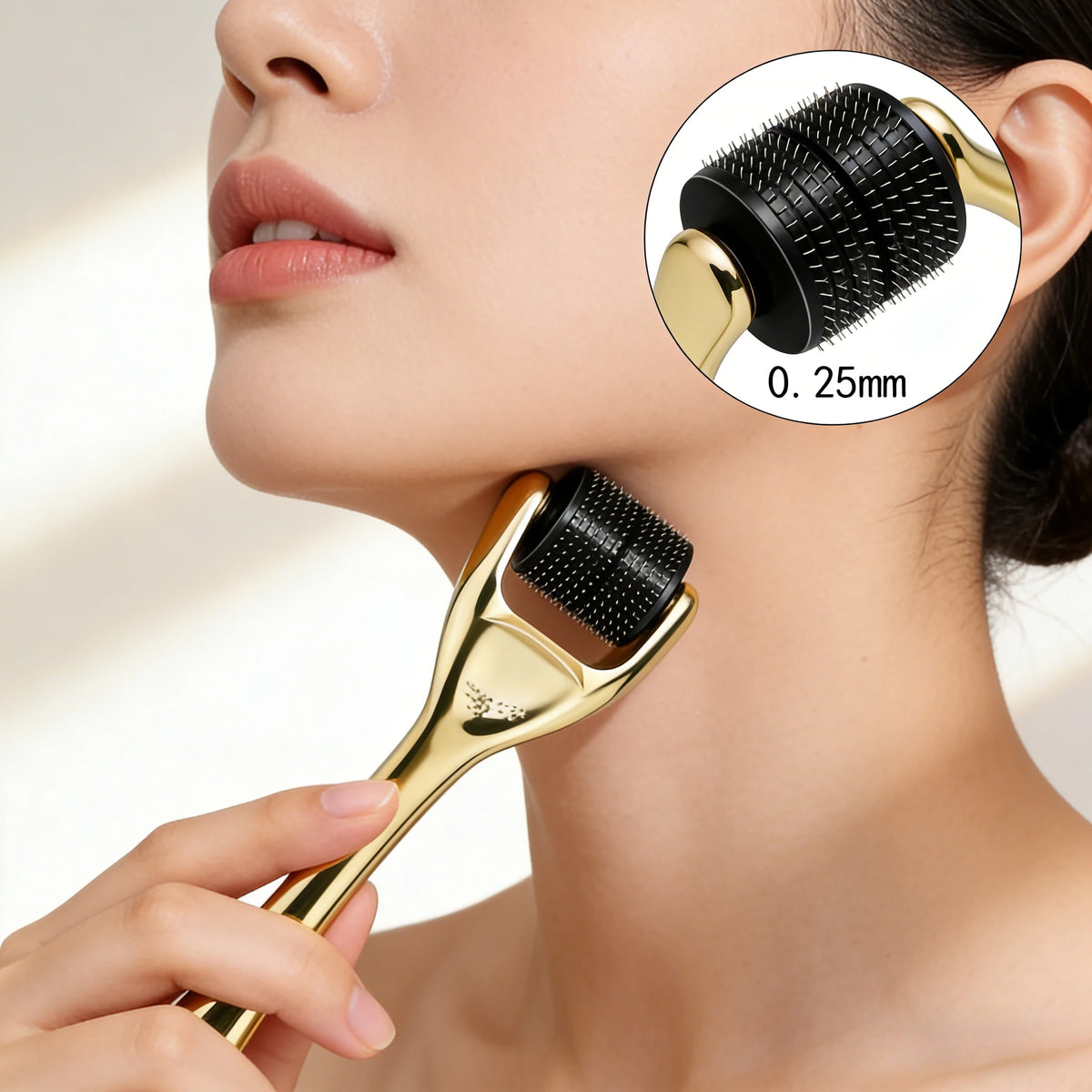 A close-up of a gold titanium micro derma roller tool being held near a woman's neck, showing the roller head detail.