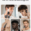 An all-in-one grooming kit showing various electric trimmers for beard, contouring, body hair, and nose/ear hair.