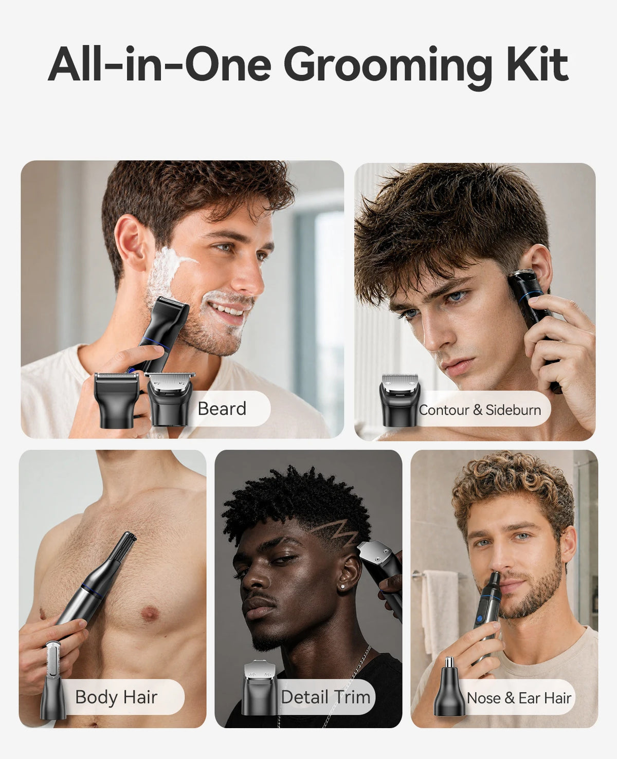 An all-in-one grooming kit showing various electric trimmers for beard, contouring, body hair, and nose/ear hair.