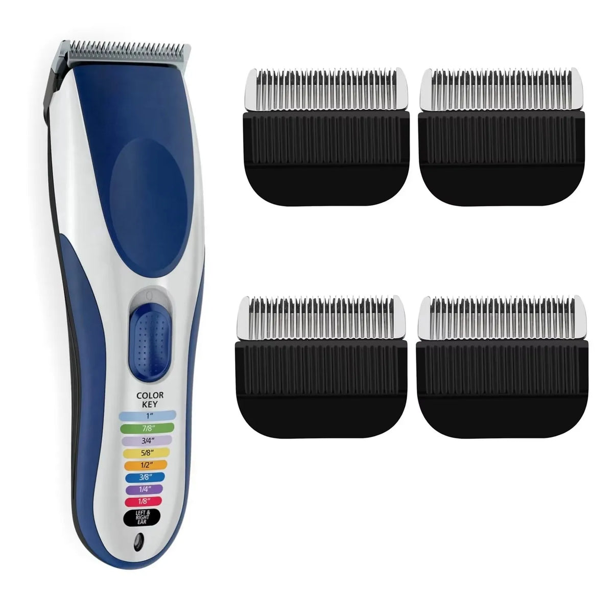 A blue and white hair clipper with multiple replacement blades shown in various configurations.
