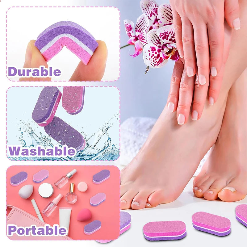 A set of purple and pink nail buffing blocks shown demonstrating durability, washability, and portability.