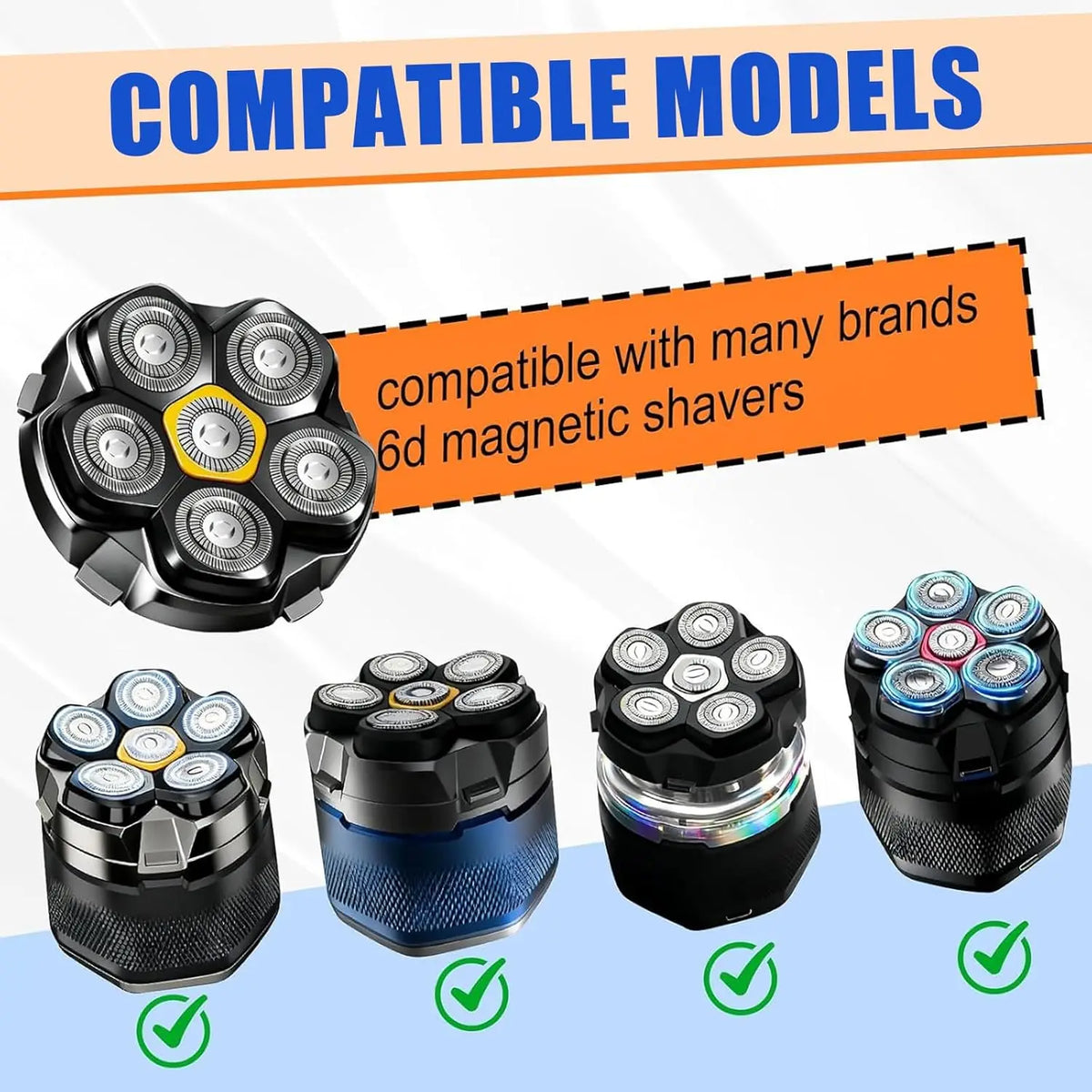 A collection of magnetic replacement shaving heads for electric shavers shown in various colors and angles.