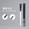 A black makeup brush with a white handle is shown next to its packaging, illustrating dual-ended design for foundation and co