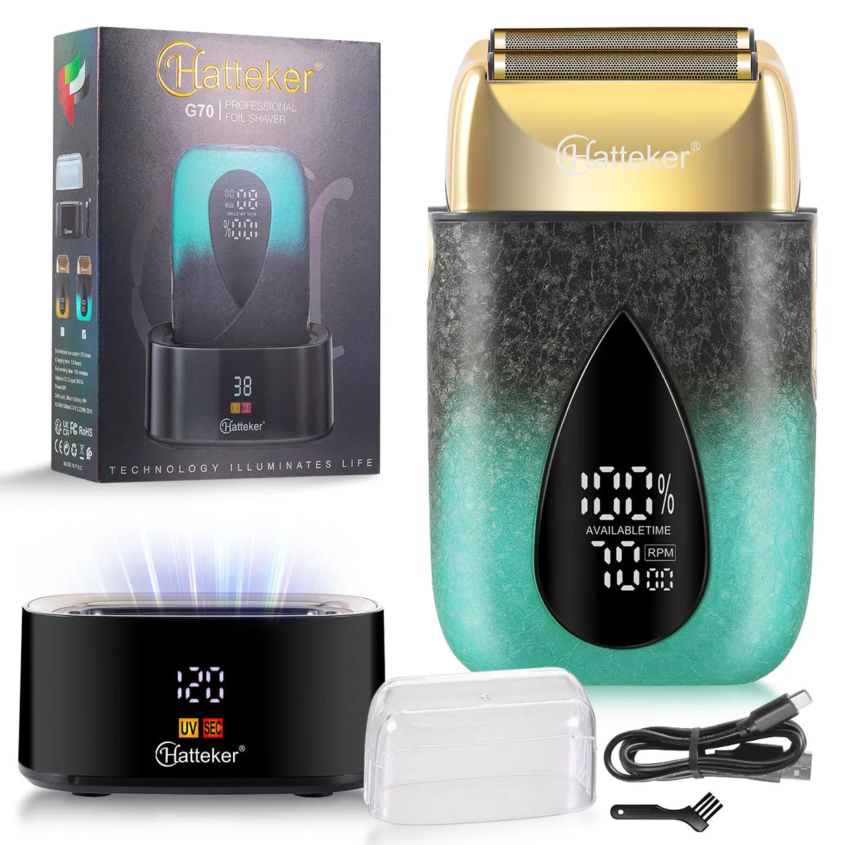 A Hatteker G70 professional electric shaver with a gold head and black body, along with accessories.
