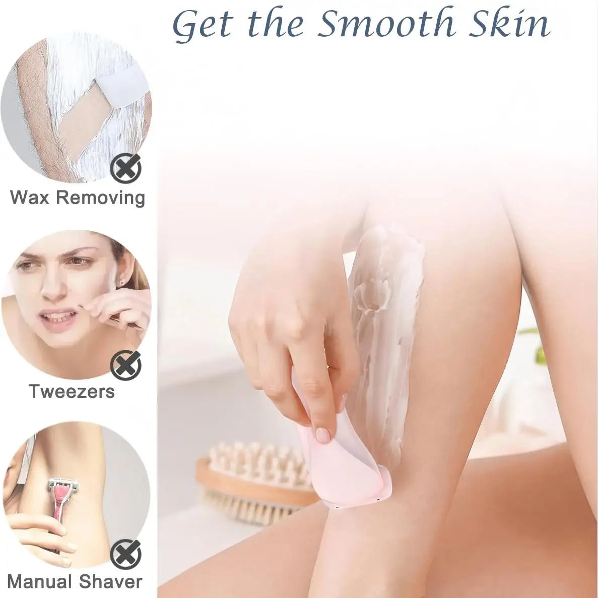 A product image showing a 2-in-1 electric body and facial shaver with various removal methods crossed out.