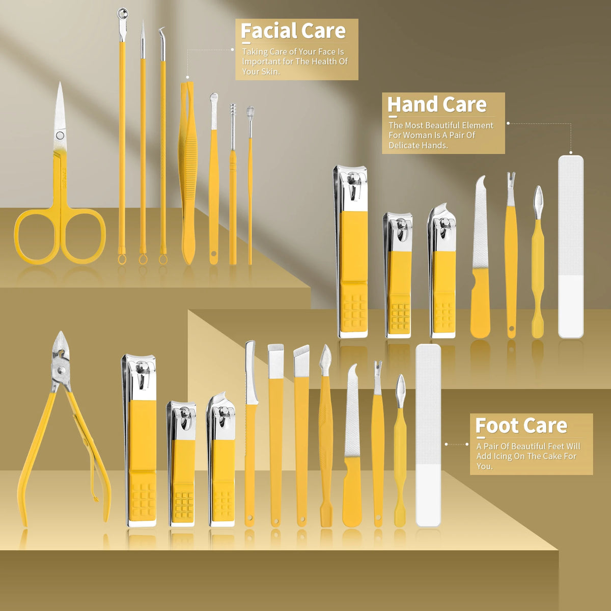 A collection of yellow and silver professional manicure and pedicure tools displayed on a wooden surface.